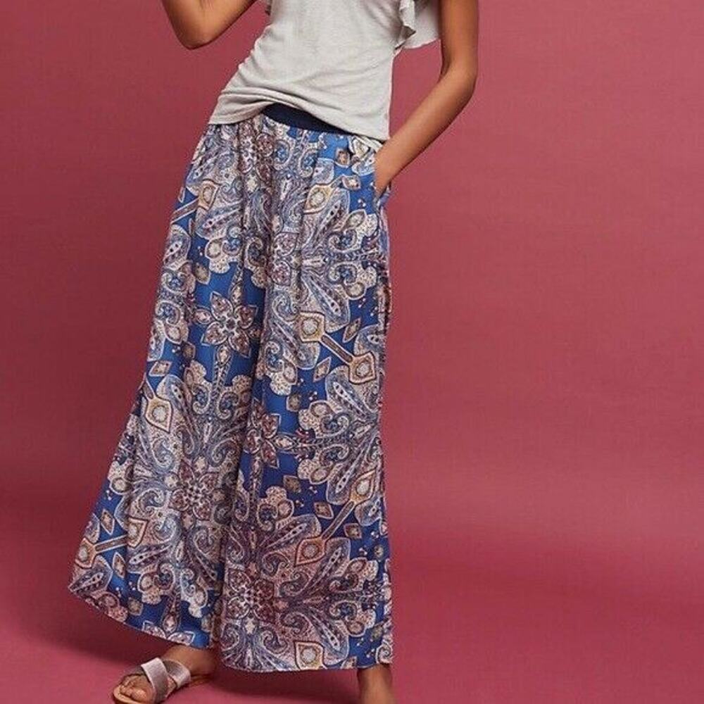 Elevenses Ines Wide Leg High Rise Pants M Blue Paisley Palazzo Flowy Resort